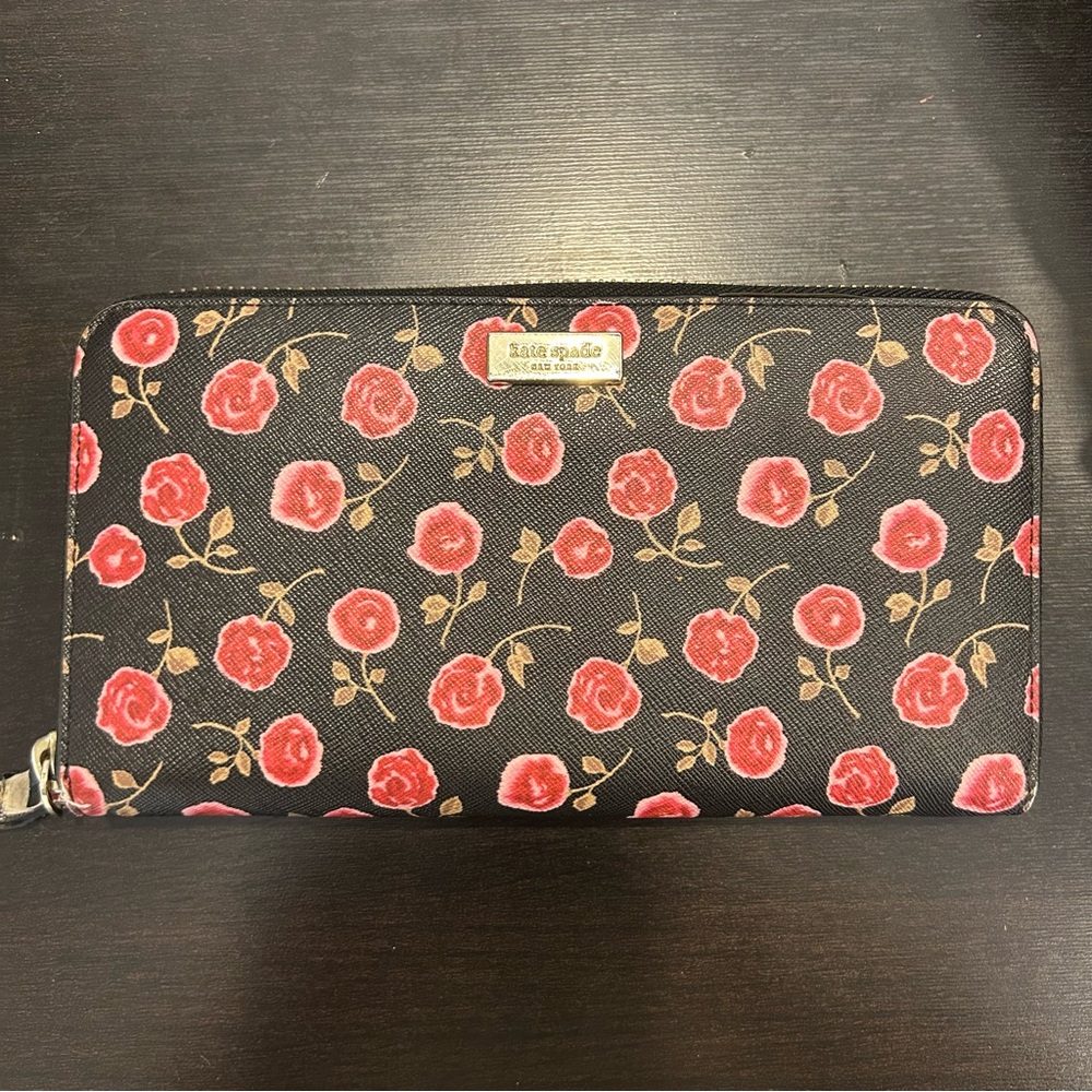 Kate Spade Neda Laurel Way Hazy Rose Zip Around Leather Wallet Rooster Red